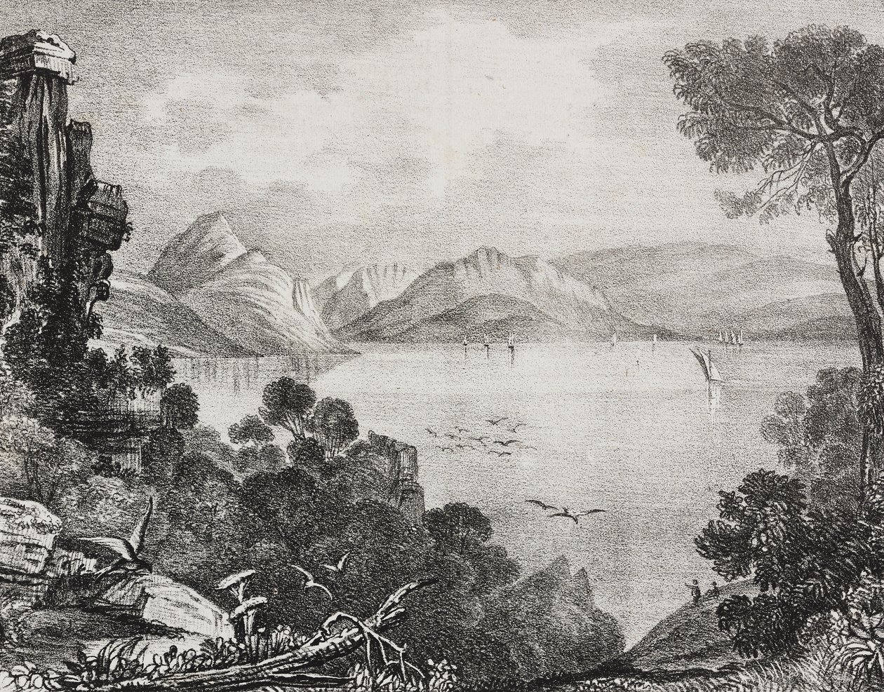Ruínas antigas consideradas as do palácio de Ulisses na ilha de Calipso, ilha de Corcyra (hoje Corfu), Ilhas Jónicas, Grécia, litografia de Salvatore Puglia de Poliorama Pittoresco, n 22, 4 de Janeiro de Salvatore Puglia