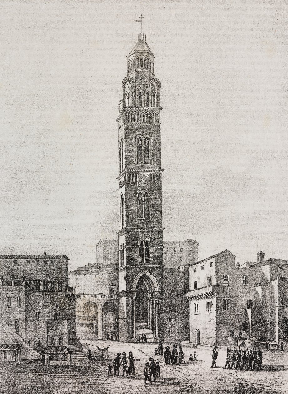 Torre sineira da catedral de Gaeta, Lazio, Itália, litografia de Salvatore Puglia após desenho de Pasquale Mattei (1813-1879), de Poliorama Pittoresco, n 48, 6 de Julho de Salvatore Puglia