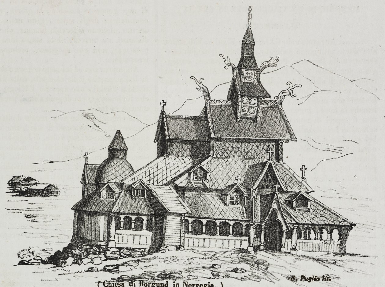 Igreja Borgund Stave, Noruega, litografia de Salvatore Puglia de Poliorama Pittoresco, n 40, 14 de Maio de Salvatore Puglia