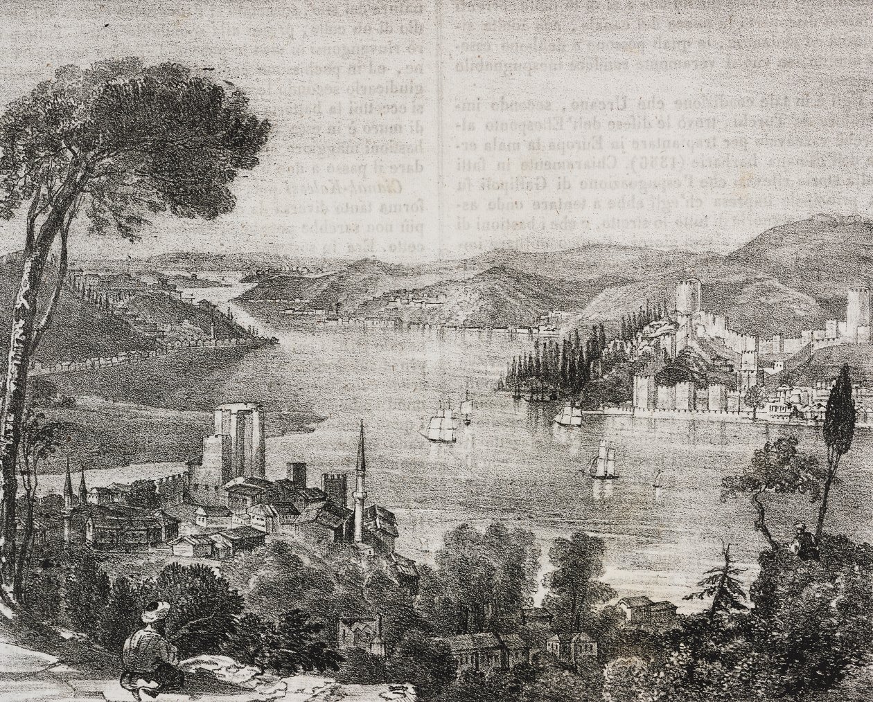 Castelos de Bósforo nas costas da Ásia e Europa, Turquia, litografia de Gaetano Riccio de Poliorama Pittoresco, n 18, 9 de Dezembro de Salvatore Puglia