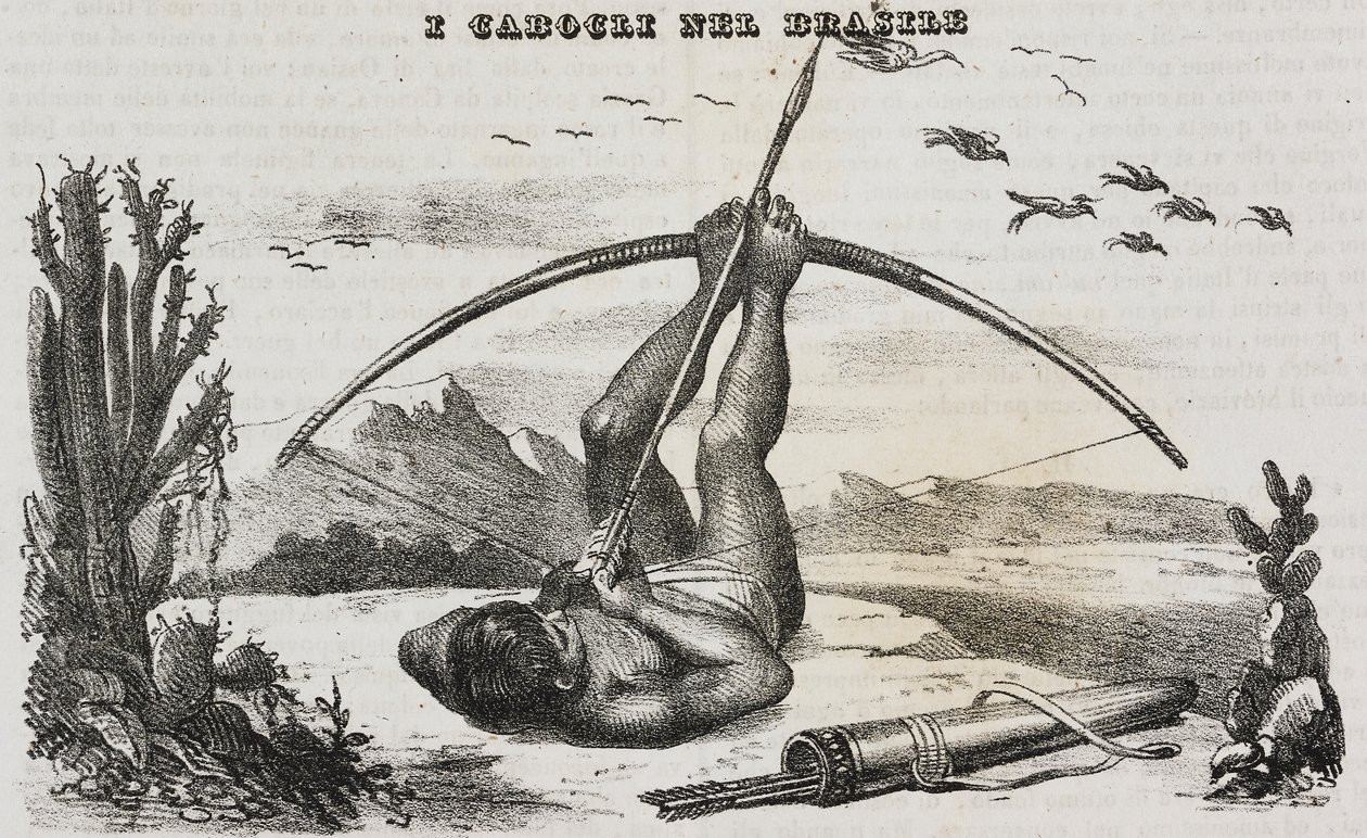 Caboclo homem com arcos e flechas, Brasil, litografia de Salvatore Puglia de Poliorama Pittoresco, n 41, 18 de Maio de Salvatore Puglia