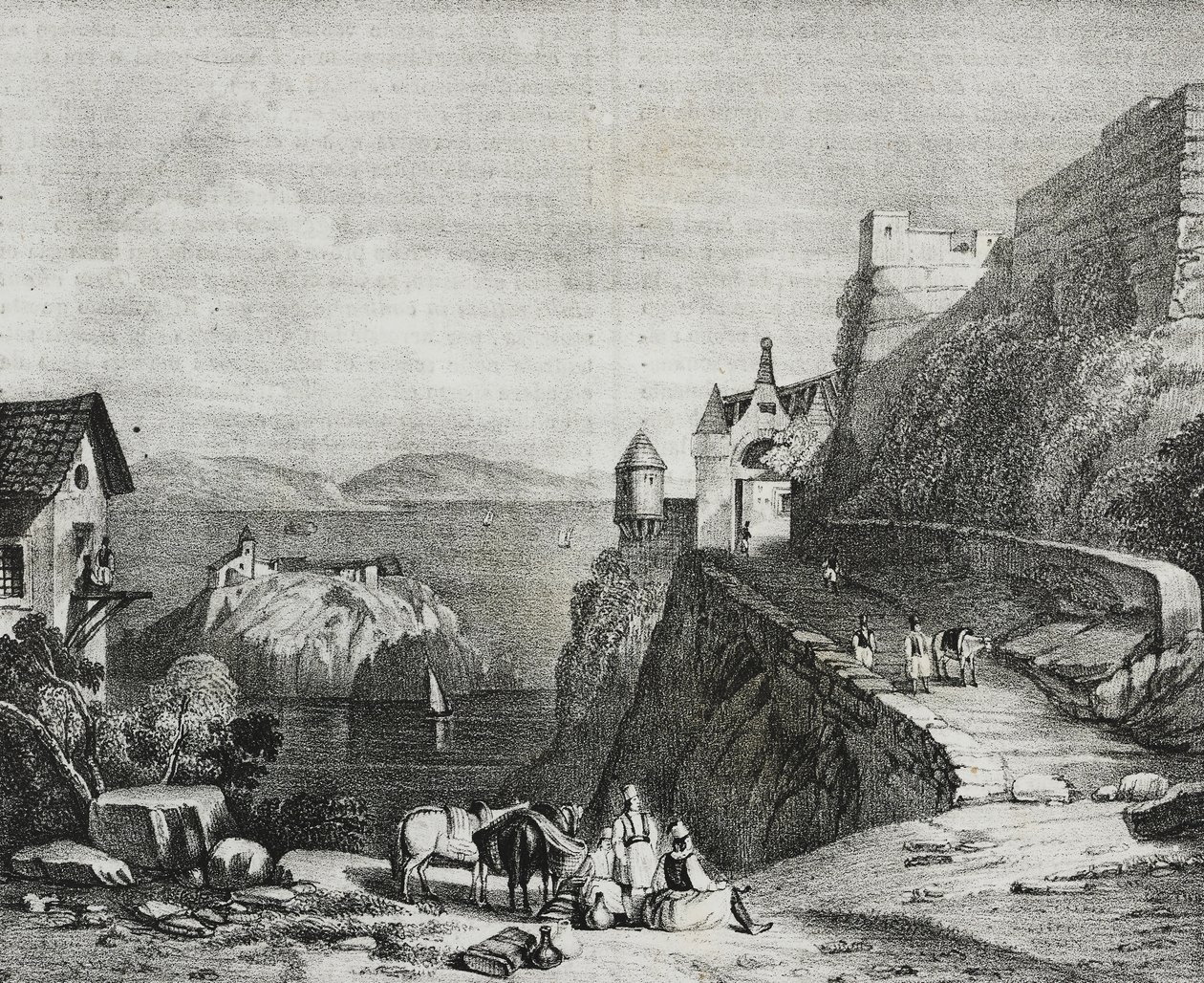 Castelo de Parga, Albânia, litografia de Salvatore Puglia de Poliorama Pittoresco, n 9, 9 de Outubro de Salvatore Puglia