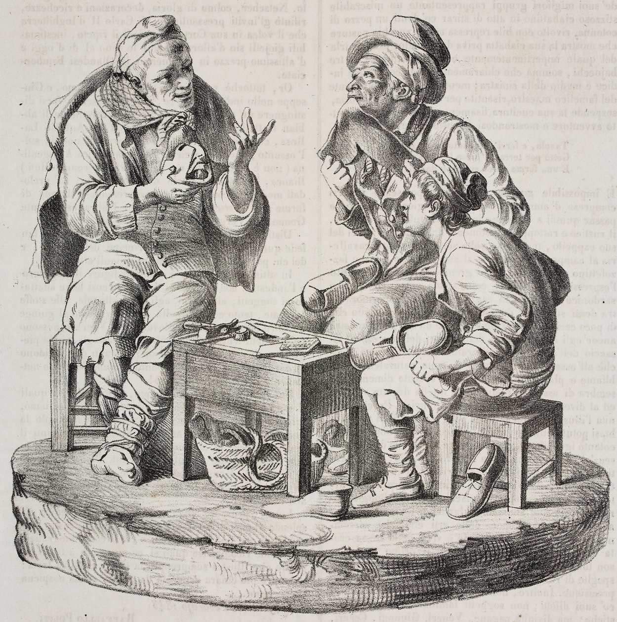 Cobbler em disputa, estatuetas de Giacomo Bongiovanni e Giuseppe Vaccaro, litografia de Salvatore Puglia de Poliorama Pittoresco, n 32, 18 de Março de Salvatore Puglia