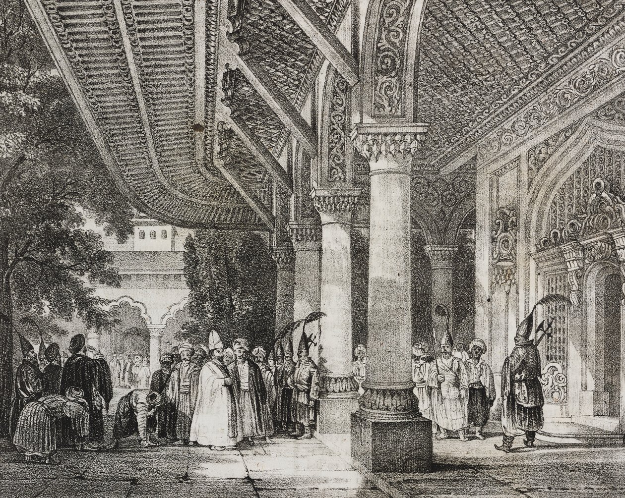 Hall de entrada de Serraglio, Turquia, do harém de histórias no Leste, litografia de Poliorama Pittoresco, n 12, 28 de Outubro de Salvatore Puglia