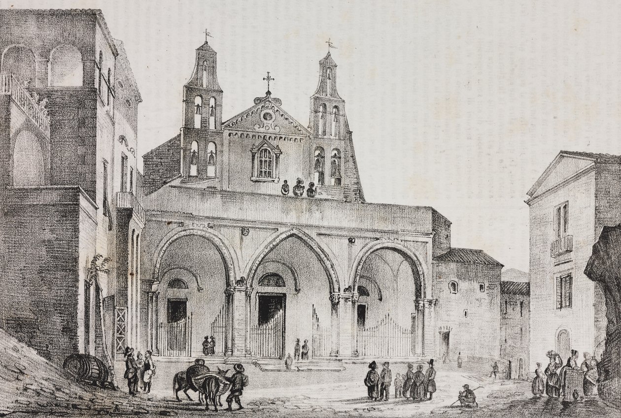 Fachada da Catedral de Sessa Aurunca, Campania, Itália, litografia de Salvatore Puglia após desenho de Pasquale Mattei (1813-1879) de Poliorama Pittoresco, n 42, 24 de Maio de Salvatore Puglia