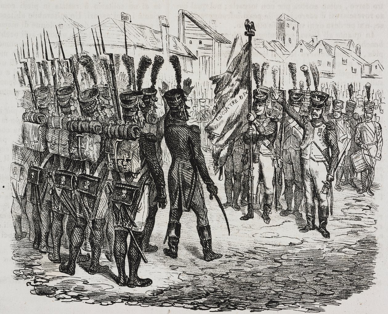 Bandeira do 84º regimento, litografia de Salvatore Puglia da História de Napoleão por Cesare Malpica (1804-1848), de Poliorama Pittoresco, n 16, 25 de Novembro de Salvatore Puglia