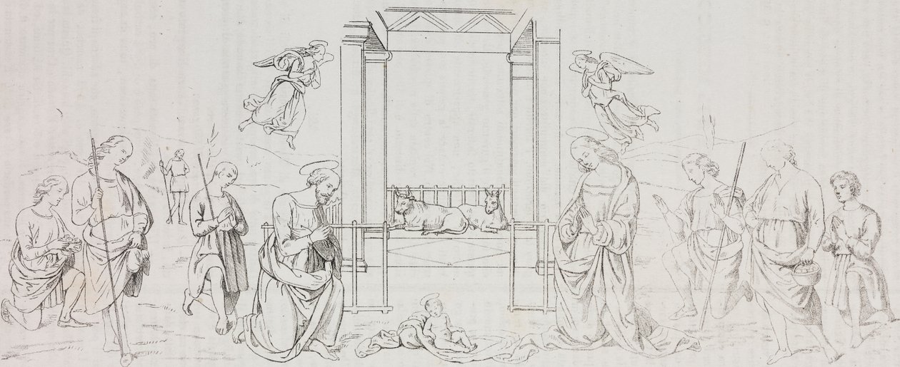 Fontignano Natividade, Adoração dos Pastores, litografia de Salvatore Puglia após pintura de Pietro Perugino (cerca de 1450-1523) de Poliorama Pittoresco, n 42, 24 de Maio de Salvatore Puglia