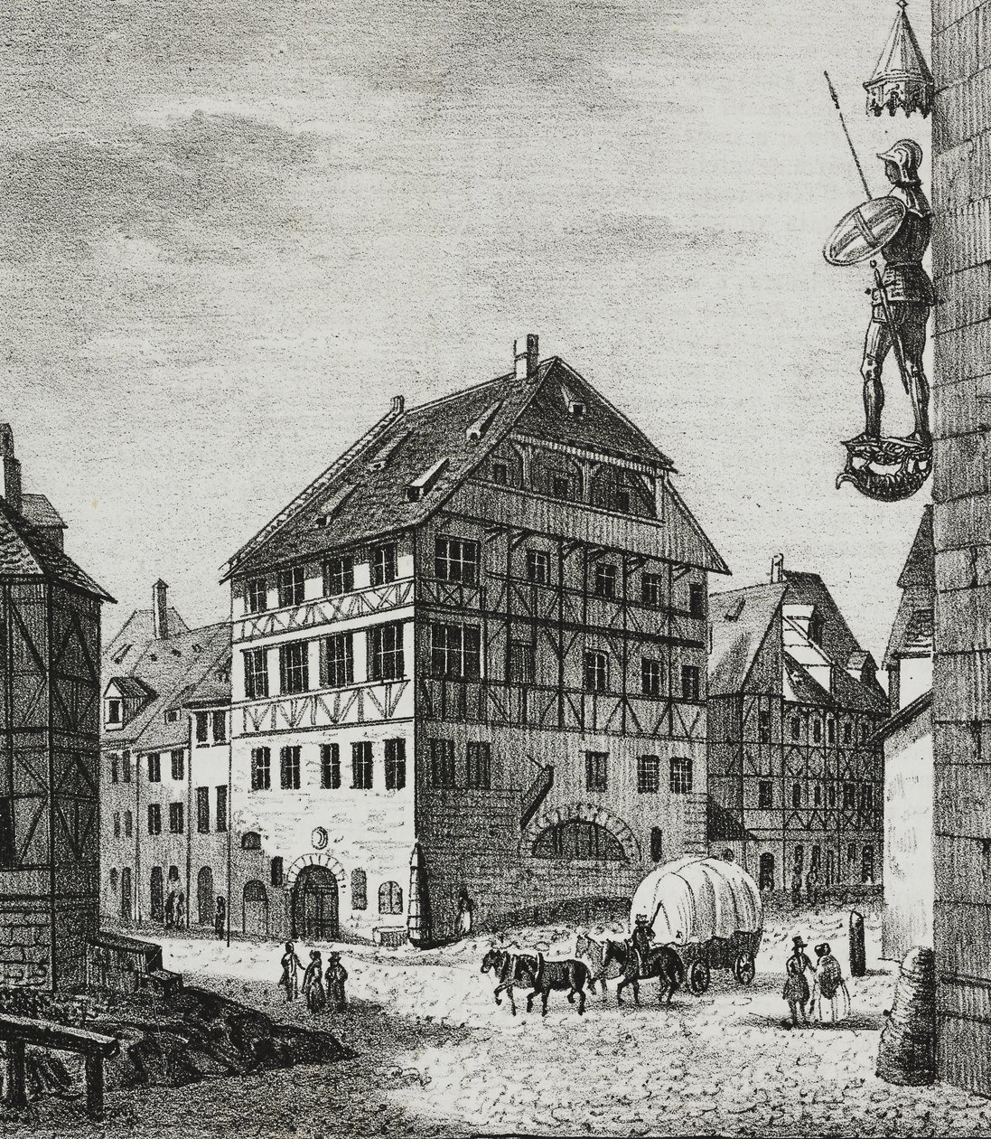 Casa de Albrecht Durer (1471-1528) em Nuremberga, Alemanha, litografia de Salvatore Puglia de Poliorama Pittoresco, n 31, 12 de Março de Salvatore Puglia
