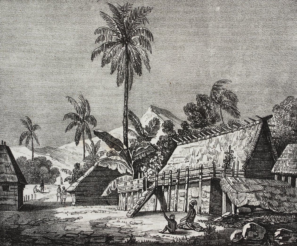 Casa da Rainha da Ilha de Noukahiva (hoje Nuku Hiva), Ilhas Marquesas, Polinésia Francesa, litografia de Salvatore Puglia de Poliorama Pittoresco, n 37, 22 de Abril de Salvatore Puglia
