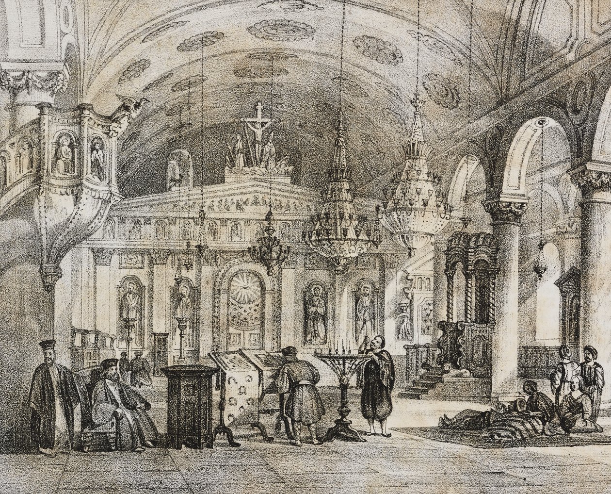 Interior da igreja grega de Baloukli, perto de Constantinopla, Turquia, litografia de Salvatore Puglia de Poliorama Pittoresco, n 28, 15 de Fevereiro de Salvatore Puglia