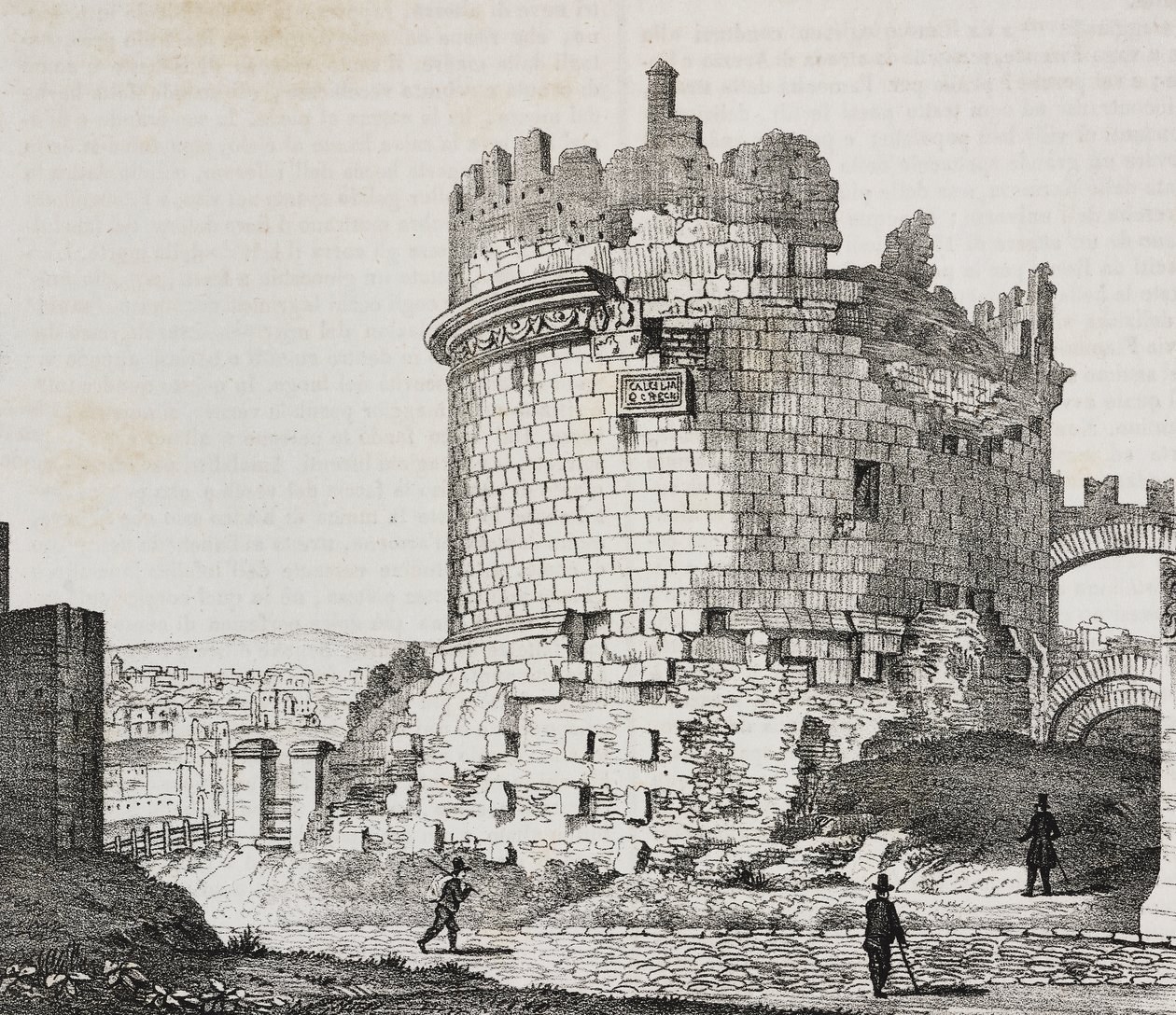 Mausoléu de Cecilia Metella na Via Appia, Roma, Lazio, Itália, litografia de Salvatore Puglia de Poliorama Pittoresco, n 20, 21 de Dezembro de Salvatore Puglia