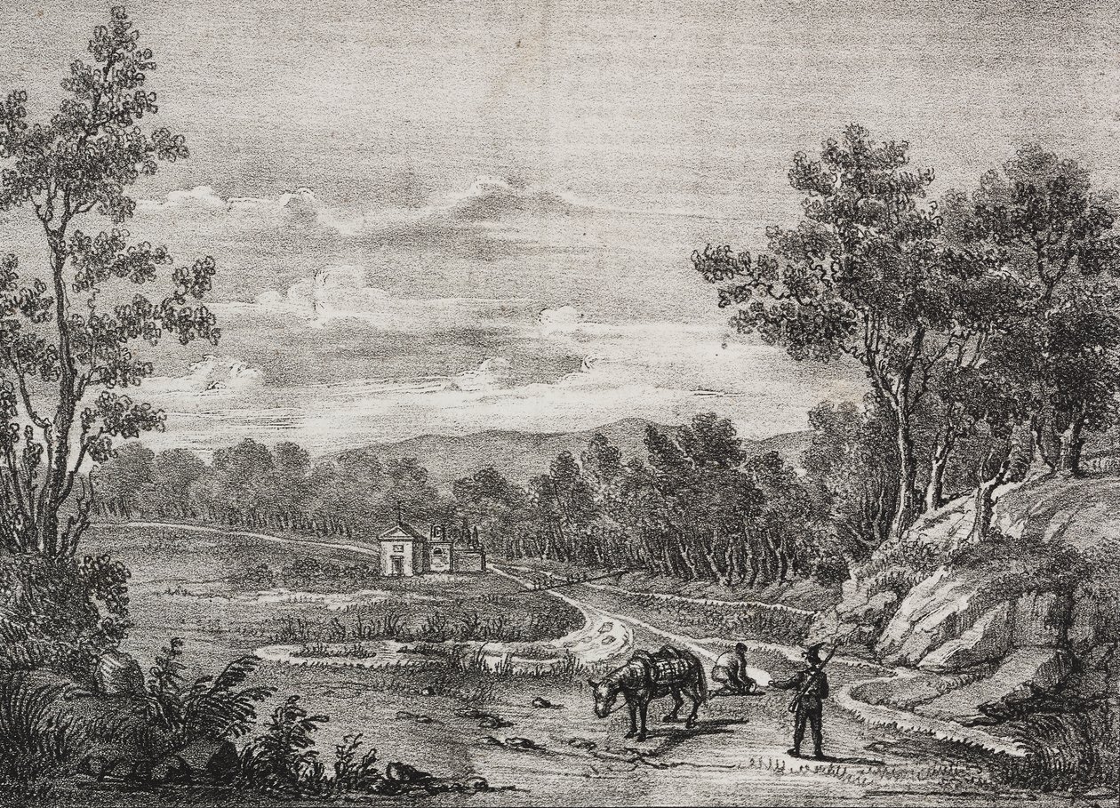 Nascentes de água mineral na floresta de Acerra, Campania, Itália, litografia de Salvatore Puglia de Poliorama Pittoresco, n 5, 7 de Setembro de Salvatore Puglia