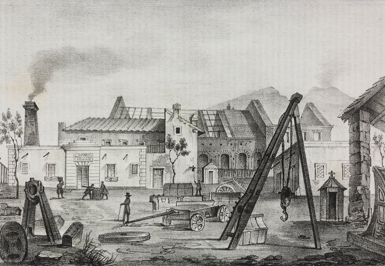 Reale Opificio meccanico (Real Fábrica Mecânica) em Pietrarsa, Campania, Itália, litografia de Gaetano Riccio de Poliorama Pittoresco, n 39, 7 de Maio de Salvatore Puglia