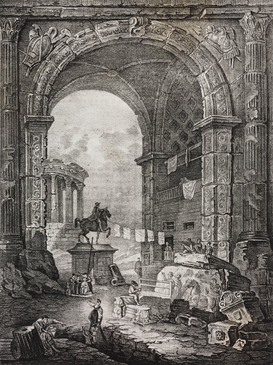 Ruínas romanas, pintura de Hubert Robert (1733-1808), litografia de Salvatore Puglia de Poliorama Pittoresco, n 28, 17 de Fevereiro de Salvatore Puglia