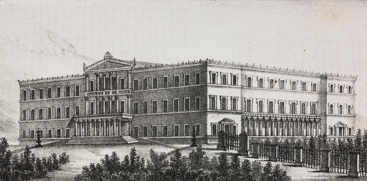 Palácio Real em Atenas, Grécia, litografia de Salvatore Puglia de Poliorama Pittoresco, n 5, 9 de Setembro de Salvatore Puglia