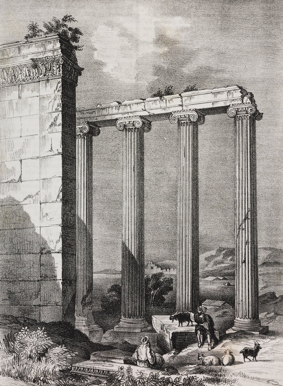 Ruínas do templo iónico Tchavdere, Ásia Menor, litografia de Salvatore Puglia de Poliorama Pittoresco, n 37, 19 de Abril de Salvatore Puglia