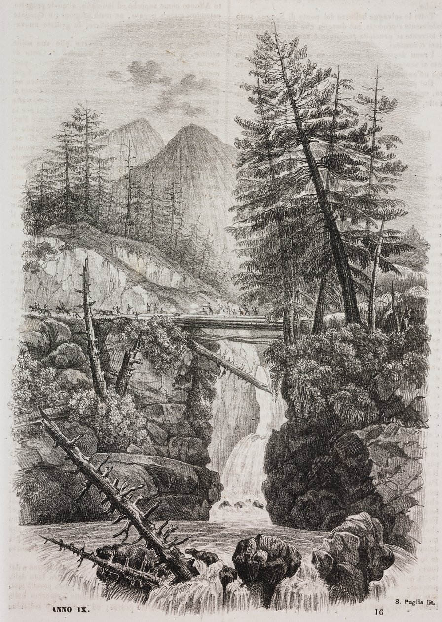 Ponte suspensa sobre as montanhas dos Pirenéus, Espanha, litografia de Salvatore Puglia de Poliorama Pittoresco, n 16, 23 de Novembro de Salvatore Puglia