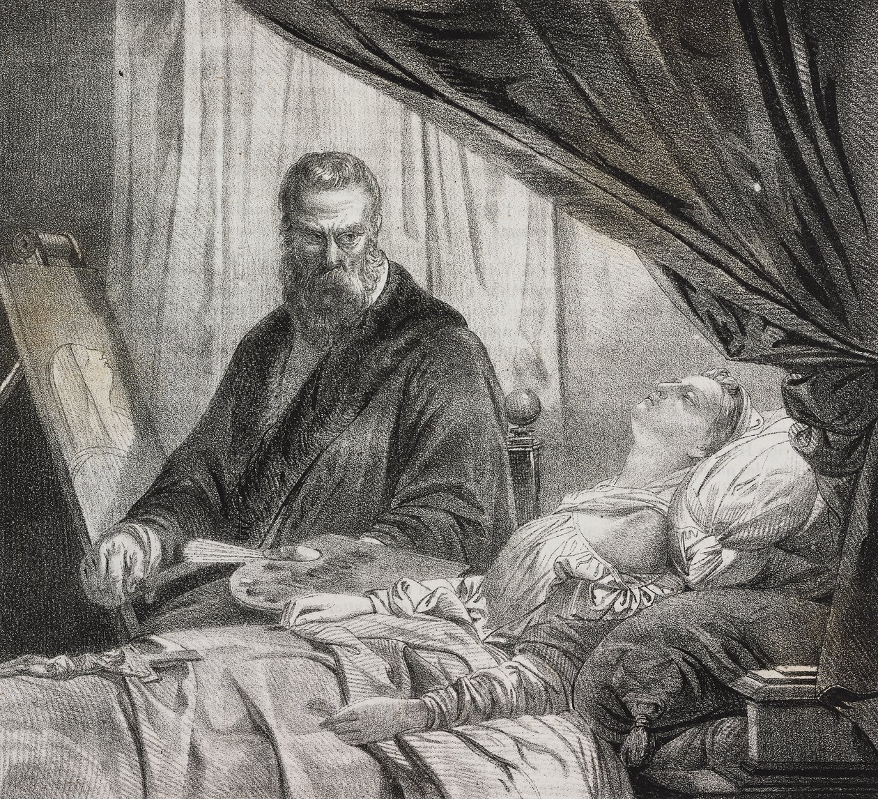 Tintoretto pintando a sua filha morta, litografia de Salvatore Puglia de Poliorama Pittoresco, n 27, 10 de Fevereiro de Salvatore Puglia