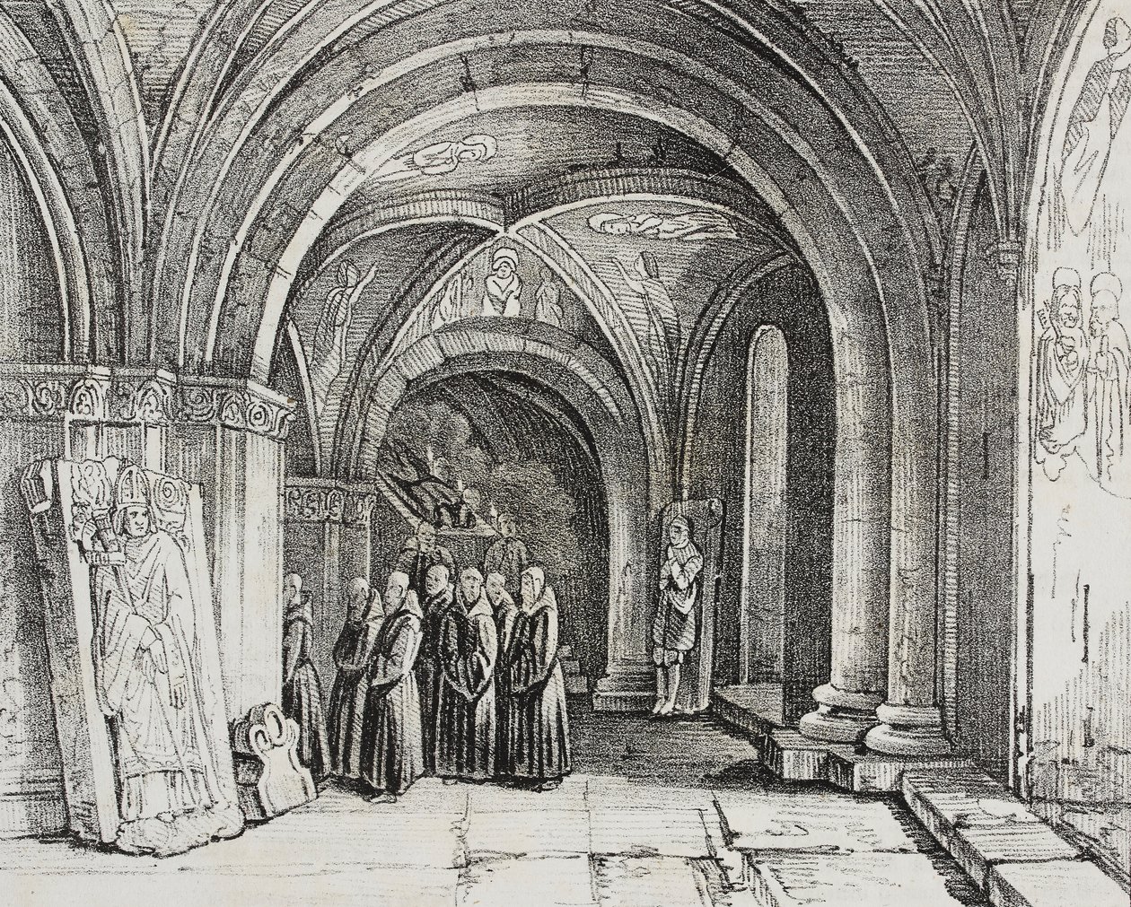 Igreja subterrânea da Catedral de Basileia, Suíça, litografia de Salvatore Puglia de Poliorama Pittoresco, n 50, 22 de Julho de Salvatore Puglia