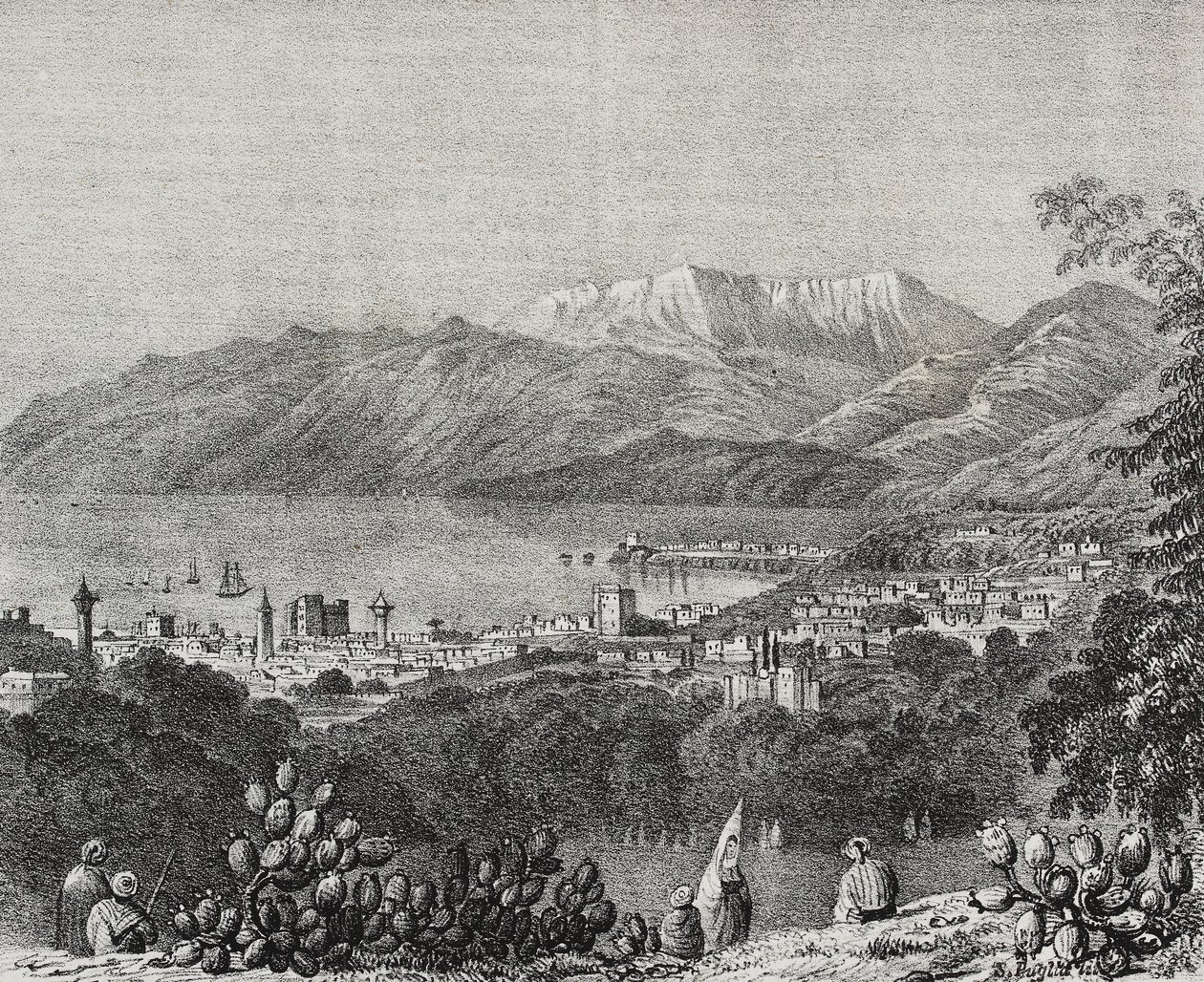 Vista da Serra de Beirute e do Monte Líbano, Líbano, litografia de Salvatore Puglia de Poliorama Pittoresco, n 8, 1 de Outubro de Salvatore Puglia