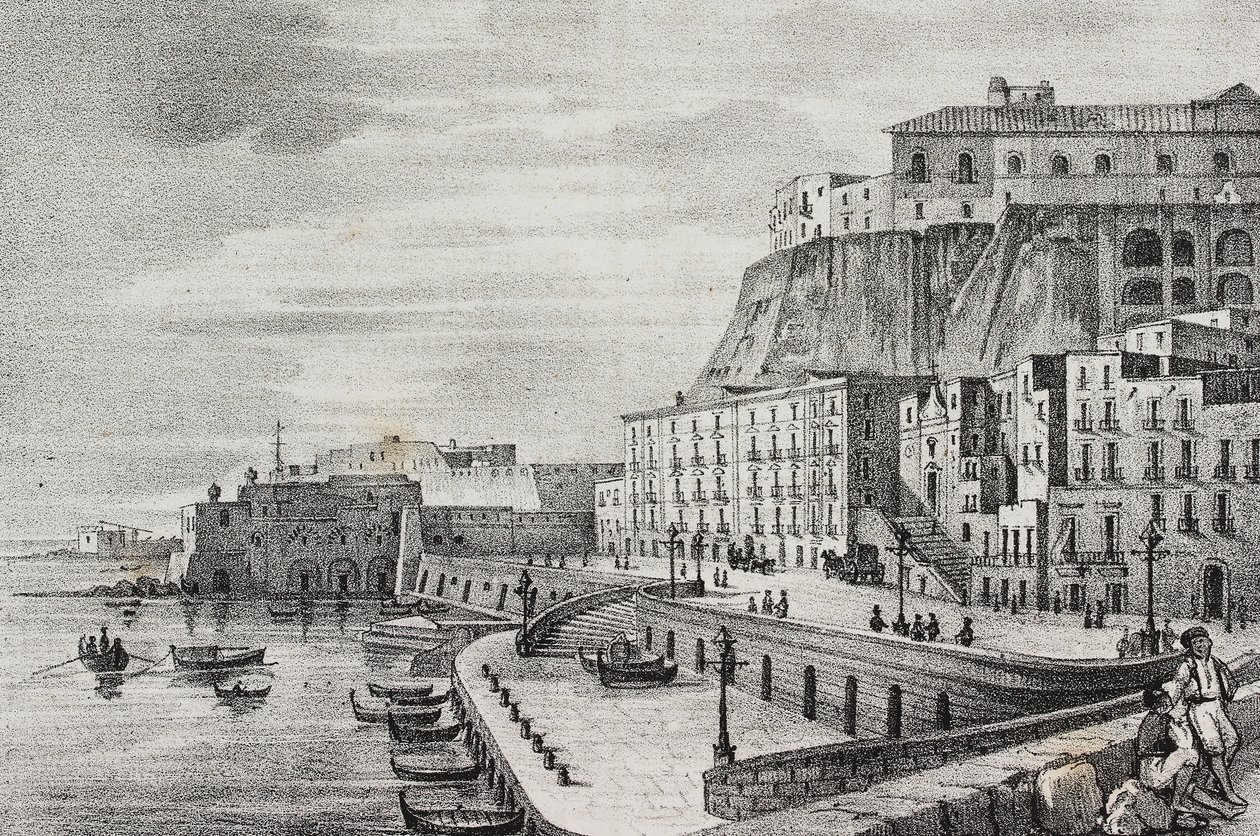 Vista de Borgo Santa Lucia, Nápoles, Campania, Itália, litografia de Salvatore Puglia de Poliorama Pittoresco, n 36, 15 de Abril de Salvatore Puglia