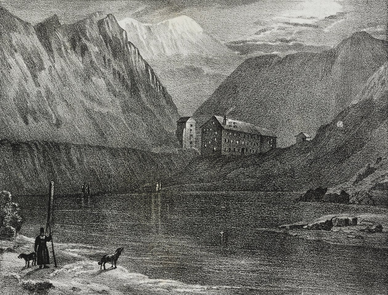 Vista do grande hospital de São Bernardo desde o lago, fronteira Itália-Suíça, litografia de Salvatore Puglia de Poliorama Pittoresco, n 9, 9 de Outubro de Salvatore Puglia