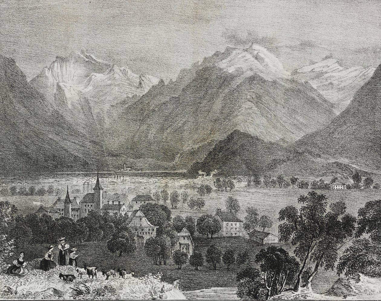 Vista da Interlaken, Suíça, litografia de Salvatore Puglia de Poliorama Pittoresco, n 36, 16 de Abril de Salvatore Puglia