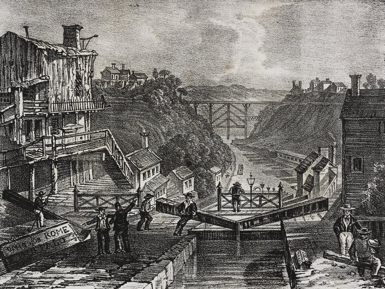 Vista de Lockport, no Estado de Nova Iorque, Estados Unidos da América, litografia de Salvatore Puglia de Poliorama Pittoresco, n 1, 10 de Agosto de Salvatore Puglia