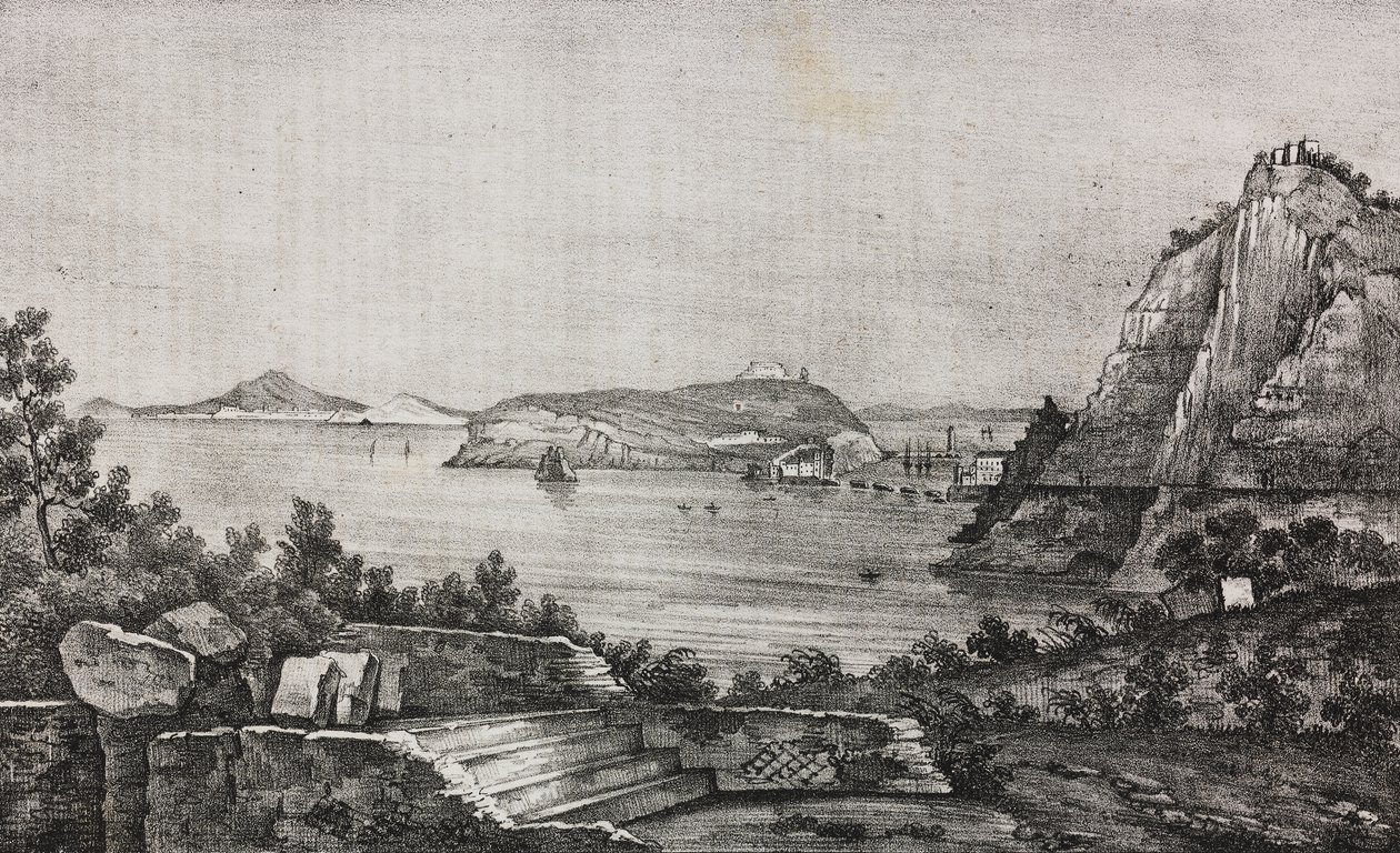 Vista de Posillipo do terraço do monsenhor Di Pietro, Campania, Itália, litografia de Salvatore Puglia de Poliorama Pittoresco, n 32, 16 de Março de Salvatore Puglia