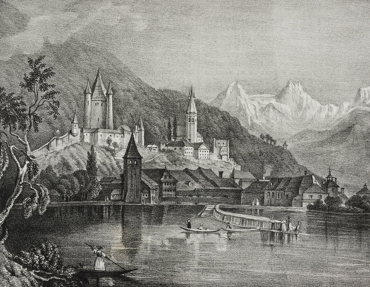 Vista de Thun, Cantão de Berna, Suíça, litografia de Salvatore Puglia de Poliorama Pittoresco, n 35, 9 de Abril de Salvatore Puglia