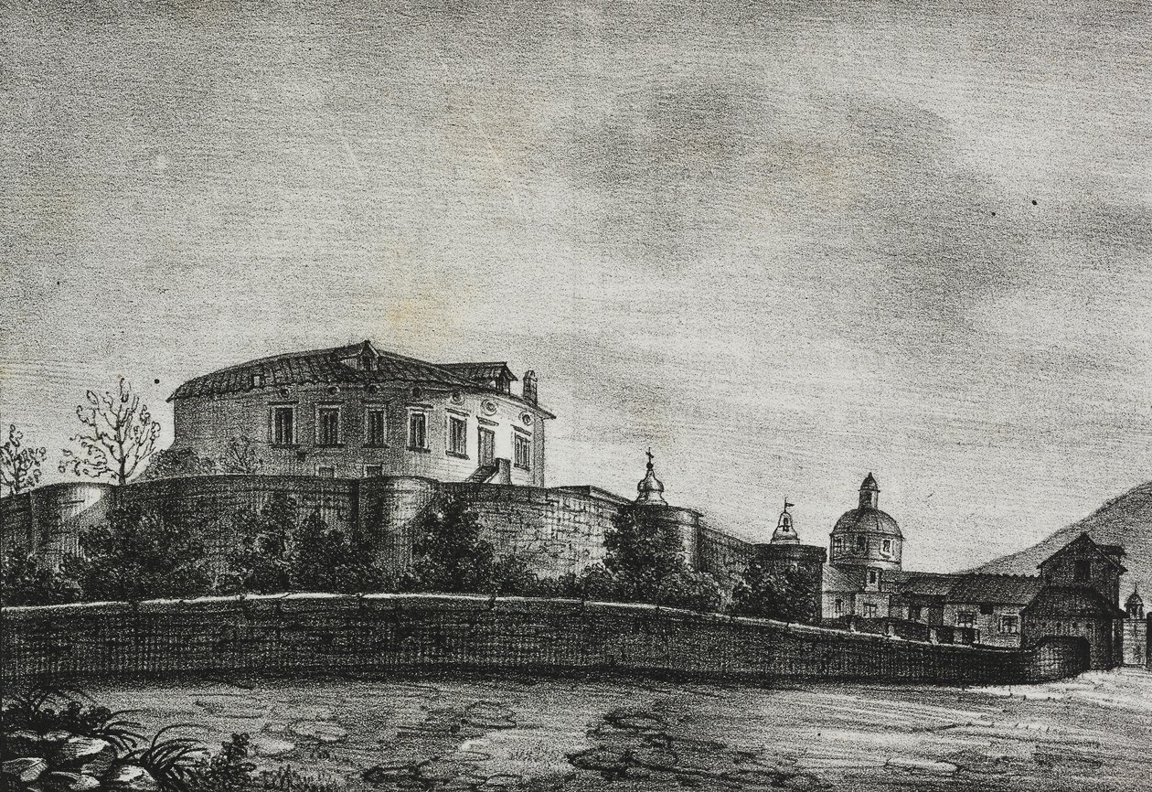Vista do castelo de Acerra, Campania, Itália, litografia de Salvatore Puglia de Poliorama Pittoresco, n 30, 5 de Março de Salvatore Puglia