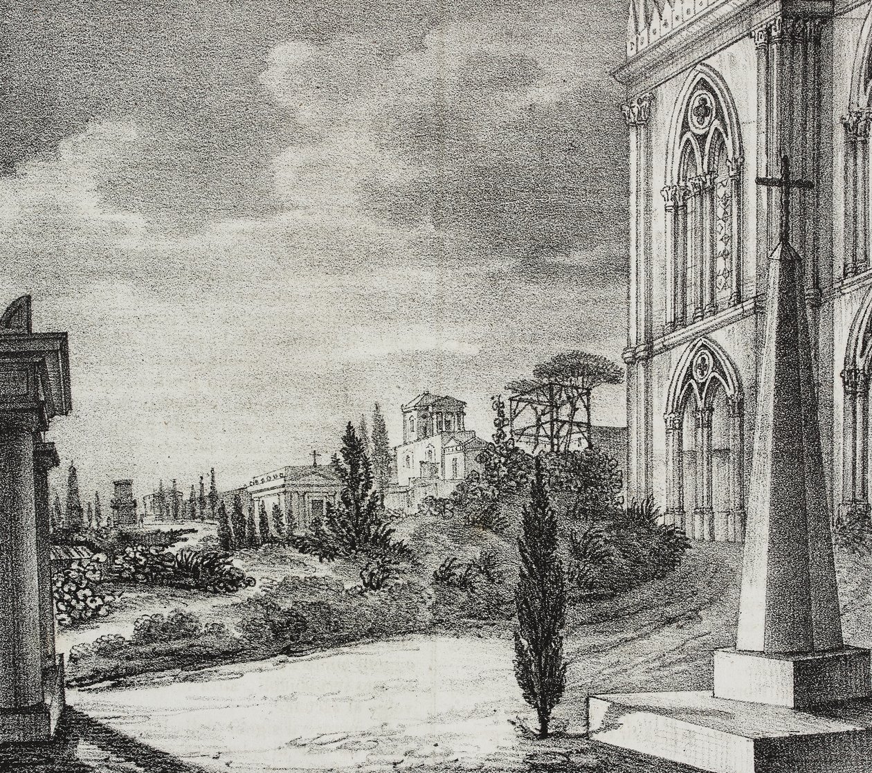 Vista do cemitério do convento gótico, Nápoles, Campânia, Itália, litografia de Salvatore Puglia de Poliorama Pittoresco, n 34, 1 de Abril de Salvatore Puglia