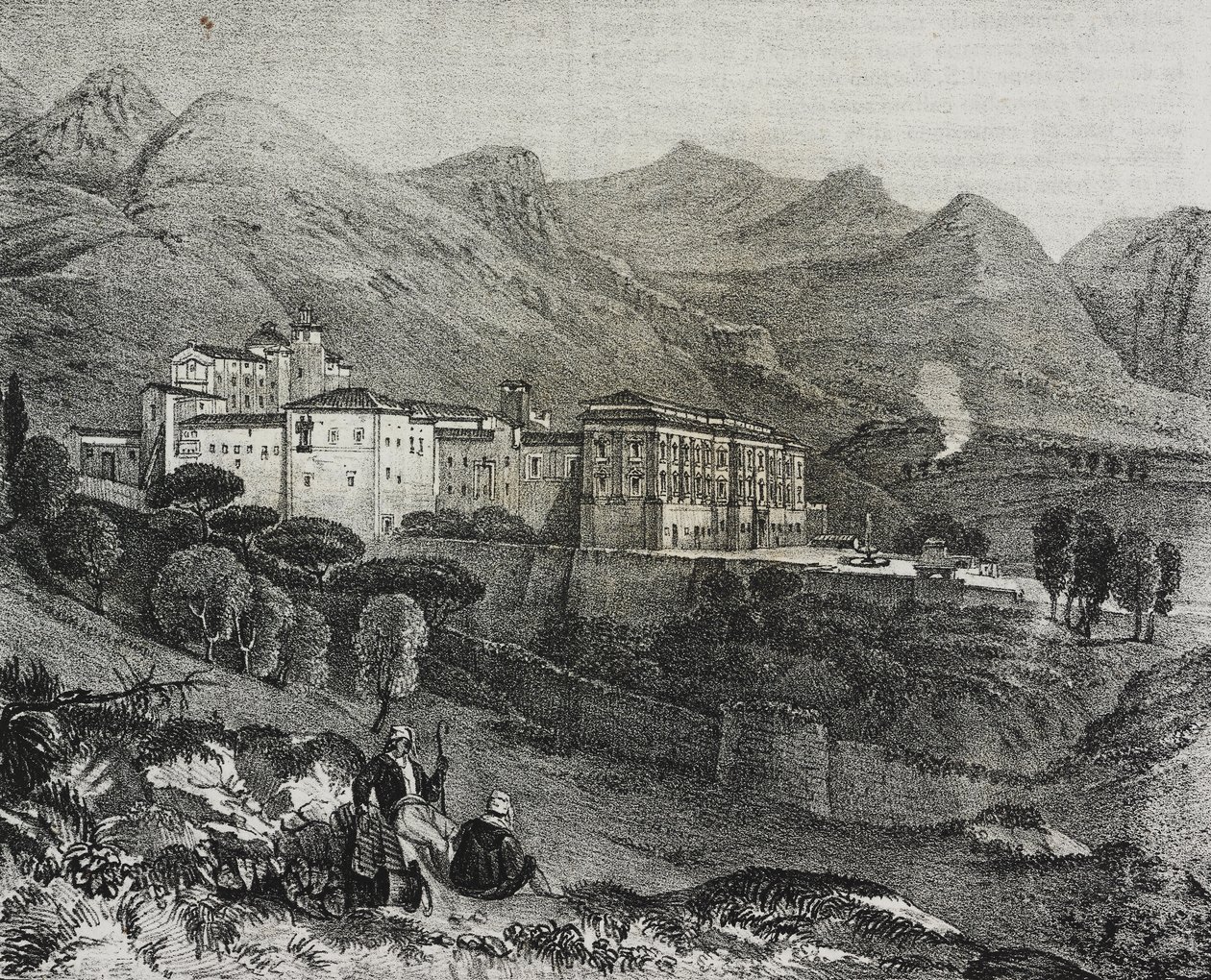 Vista do mosteiro de San Martino delle Scale perto de Palermo, Sicília, Itália, litografia de Salvatore Puglia de Poliorama Pittoresco, n 47, 2 de Julho de Salvatore Puglia