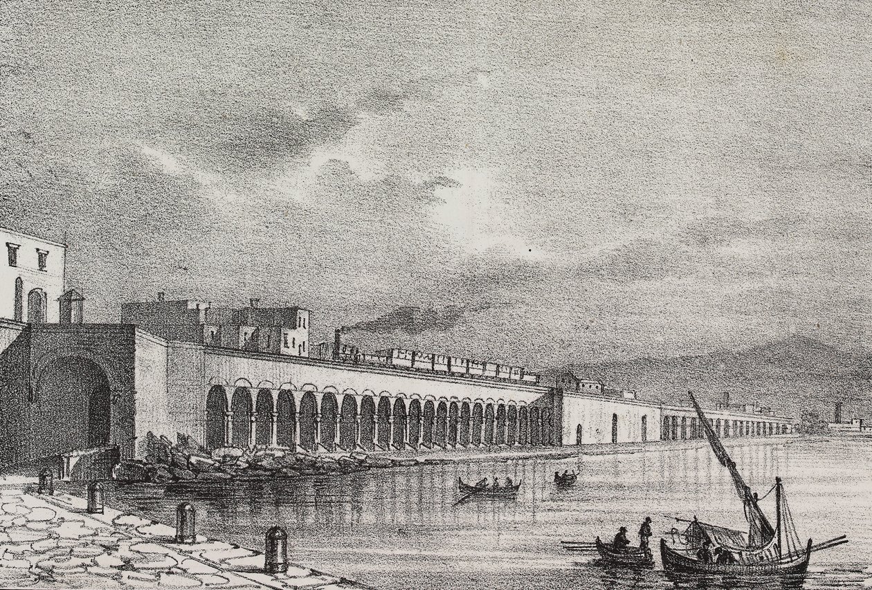 Vista do caminho-de-ferro em Torre Annunziata, Campania, Itália, litografia de Gaetano Riccio de Poliorama Pittoresco, n 21, 31 de Dezembro de Salvatore Puglia