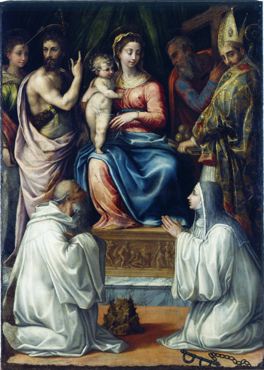 A Virgem com Santos Cristina de Bolsena, João Batista, Filipe, Nicolau…, 1540. de Salviati