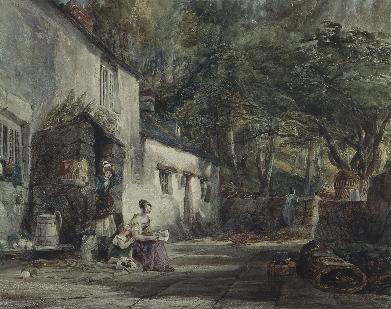 Uma casa de campo em North Wales, com figuras (wc no papel) de Samuel Austin