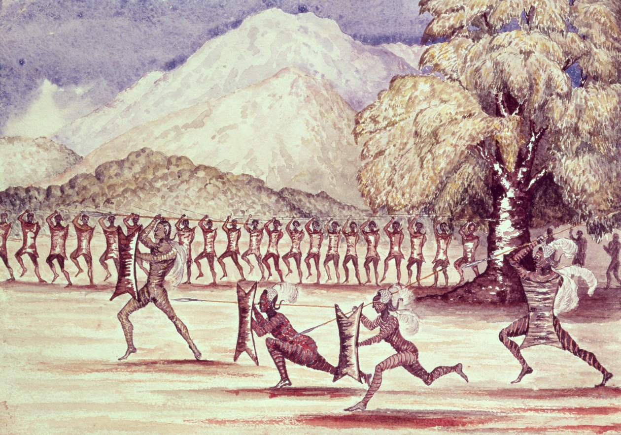 Dança de guerra, ilustração de &39;The Albert N&39;yanza grande bacia do Nilo&39; por Sir Samuel Baker, 1866 de Samuel Baker