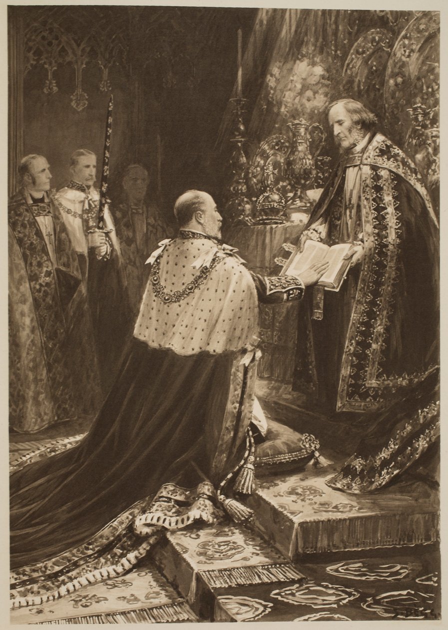A cerimônia de coroação de 1902: A posição do rei Edward VII na tomada do juramento, de "The Illustrated London News", 1902 de Samuel Begg