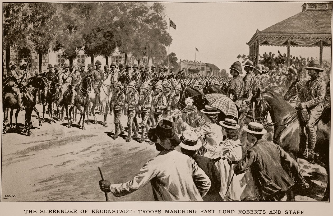 A rendição de Kroonstadt: Tropas marchando por Lord Roberts e funcionários, a partir de um esboço de Melton Prior (1845-1910) de Samuel Begg
