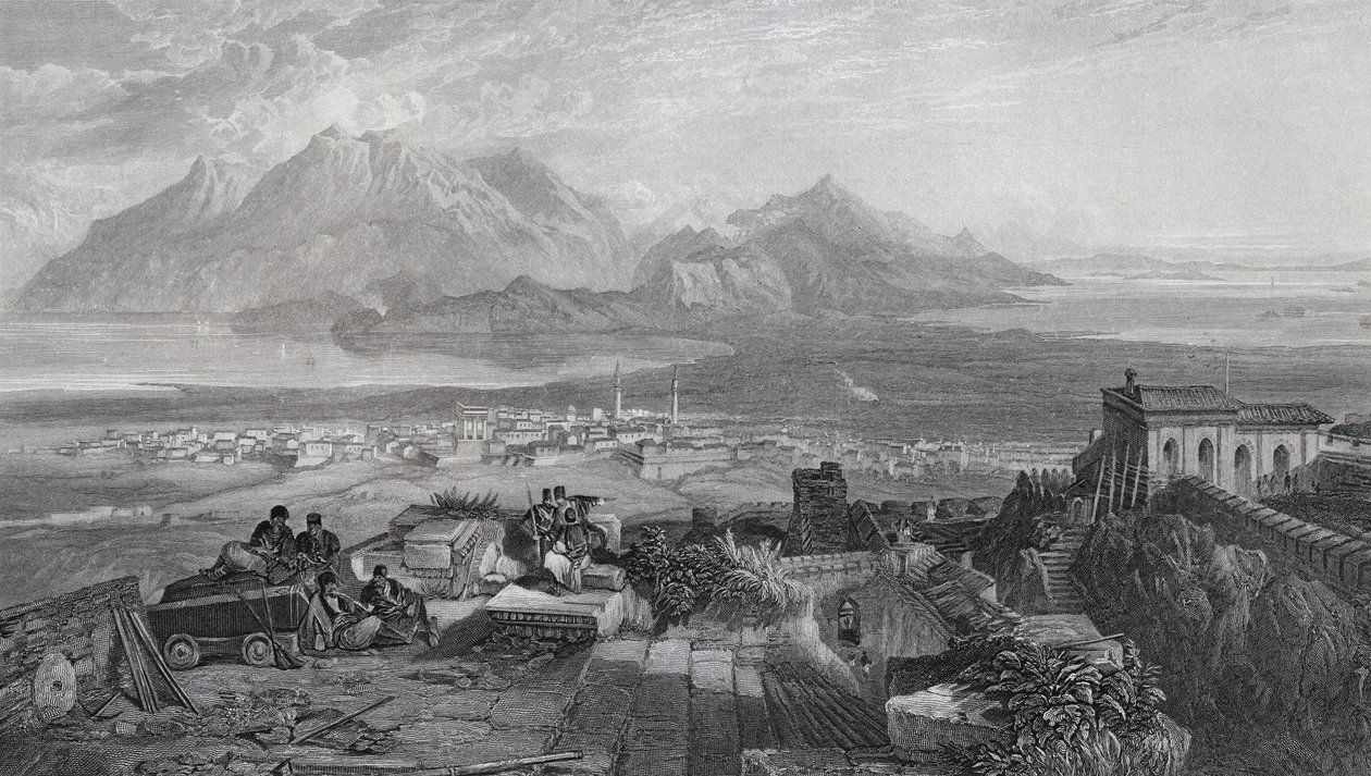 Cidade e Istmo de Corinto visto da Acrópole, gravado por W. Miller, do "The Imperial Bible Dictionary", publicado por Blackie und Son, c.1880s de Samuel Bough