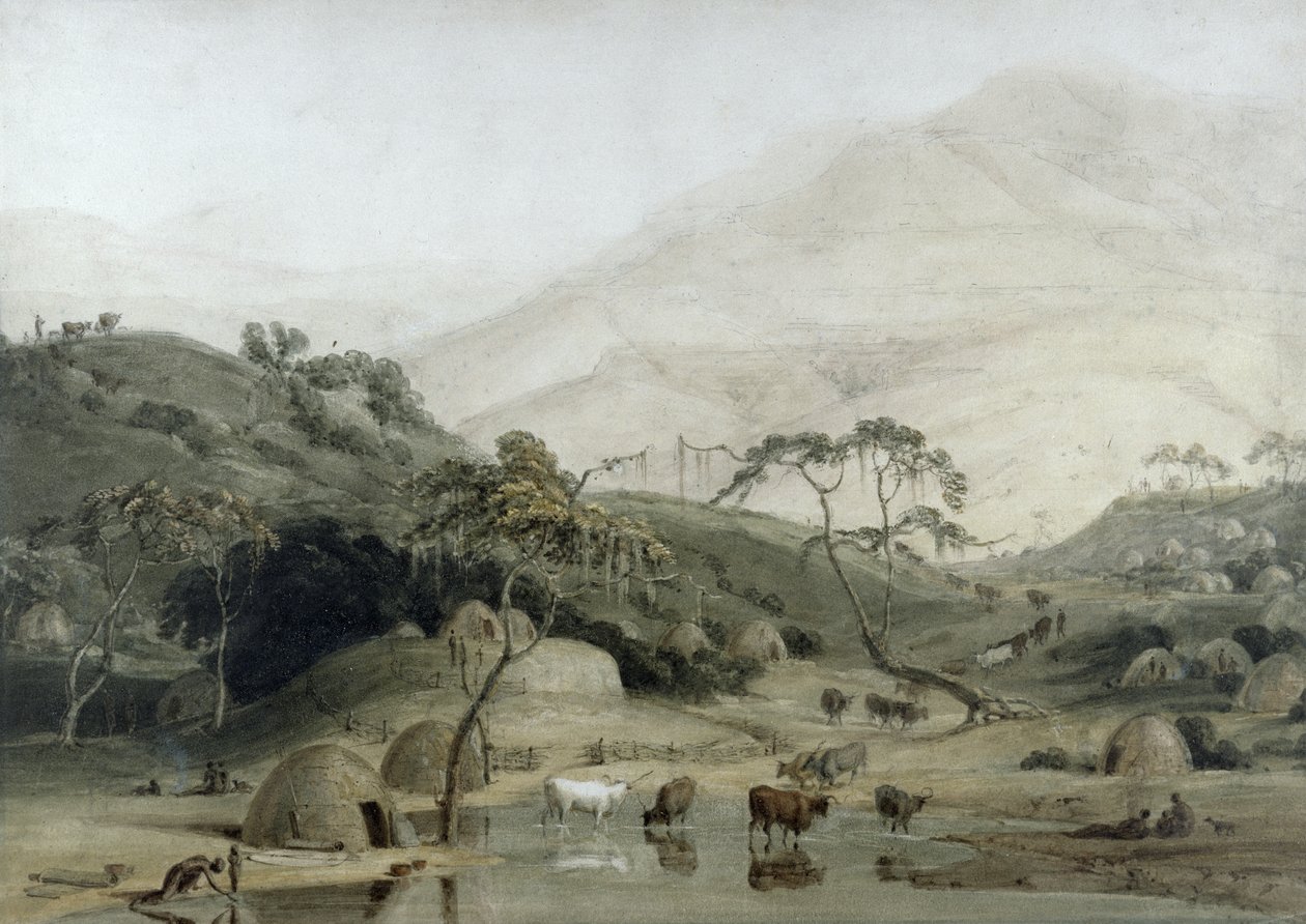 Uma Aldeia Kaffir, c.1801 (wc e grafite sobre papel) de Samuel Daniell