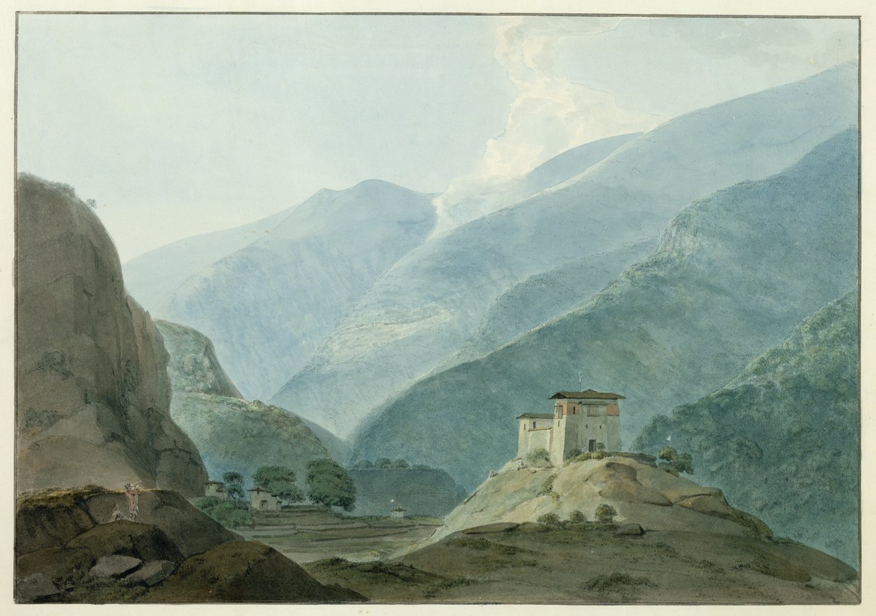 Chukha Casle no Butão, 1783 (wc sobre grafite sobre papel) de Samuel Davis