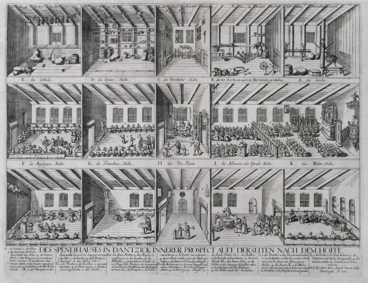 Abrigo para as crianças e os idosos, 1707 (gravura em chapa de cobre) de Samuel Donnet