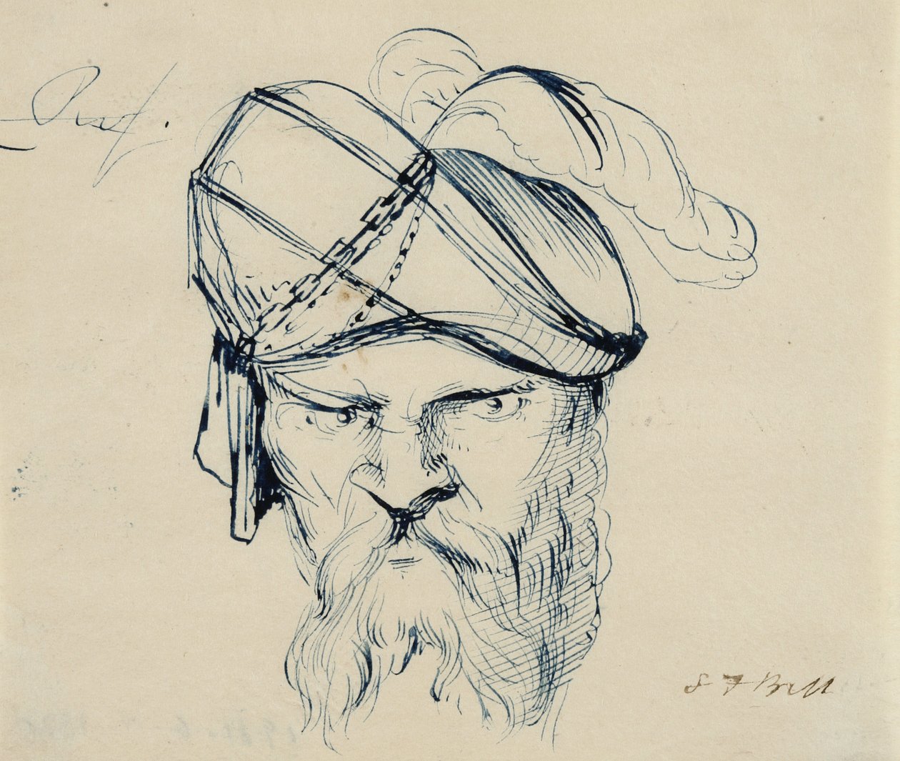 Homem vestindo um turbante emplumado, 1840-42 (caneta e tinta azul em papel de creme wove) de Samuel Finley Breese Morse