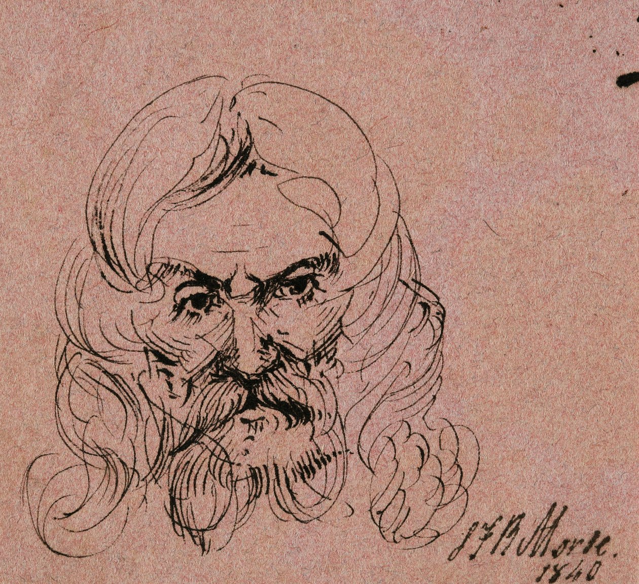 Esboço da cabeça de um homem barbudo, com cabelos longos, 1840 (caneta & tinta preta em papel rosa wove) de Samuel Finley Breese Morse
