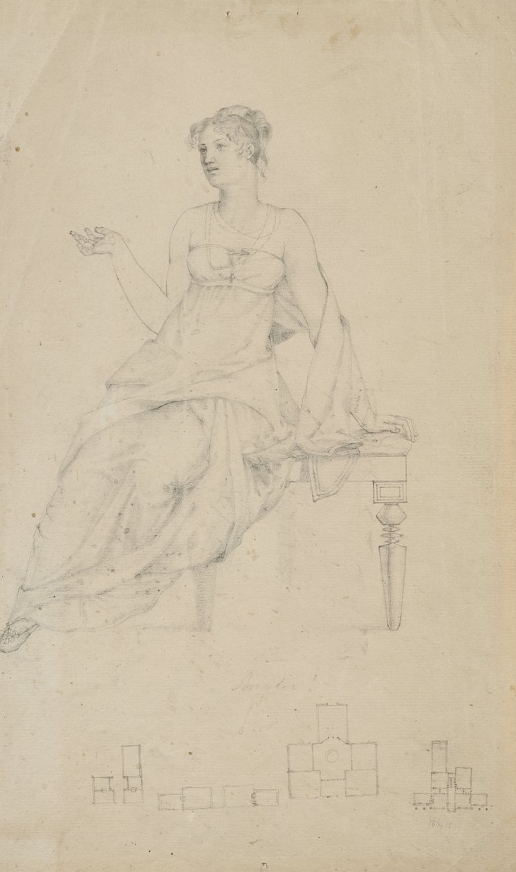 Mulher sentada em um banco e quatro plantas de Samuel Finley Breese Morse