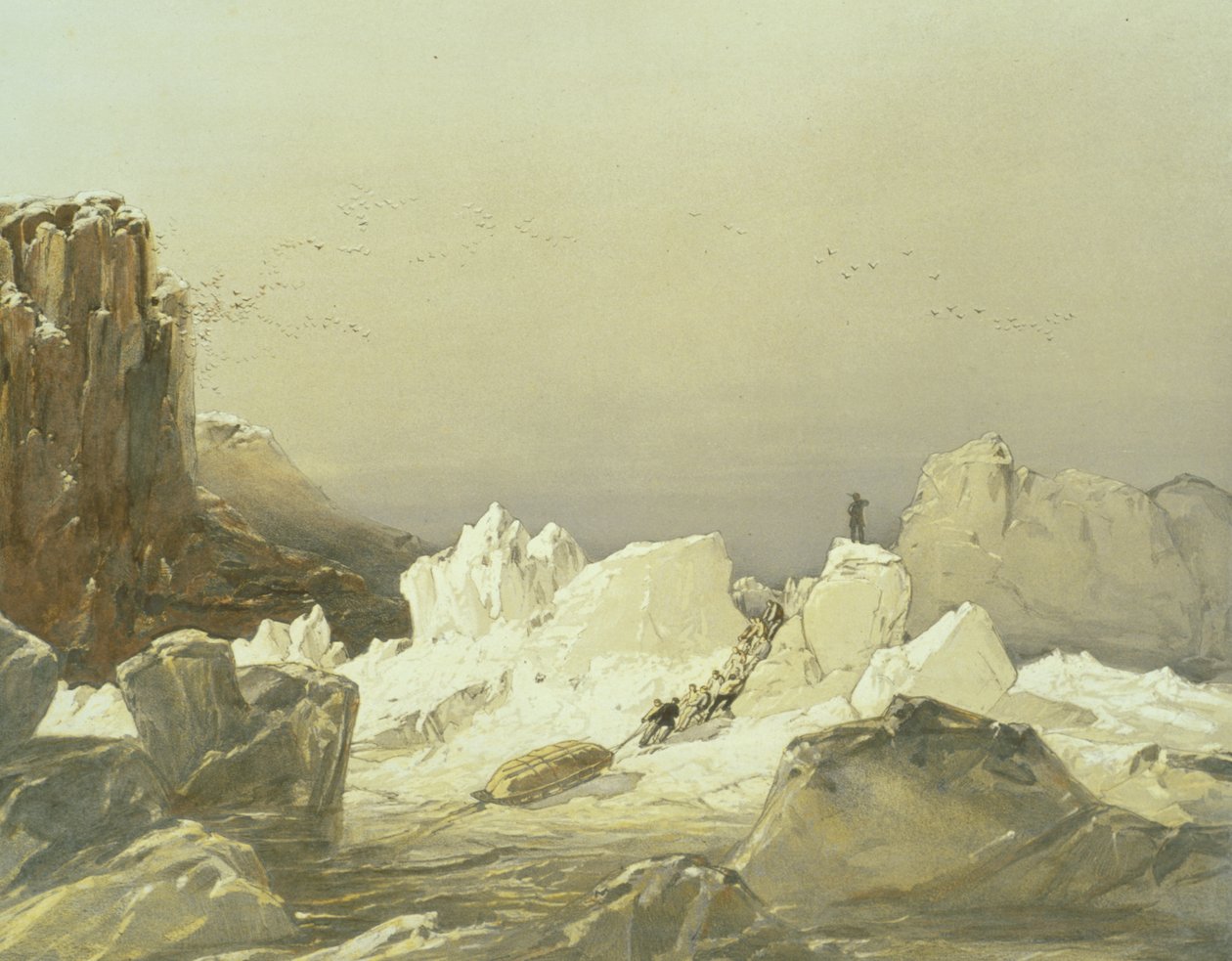 Trenó sobre gelo hummocky, abril de 1853, gravado por William Simpson, publicado por Ackermann und Co., 1854 de Samuel Gurney Cresswell