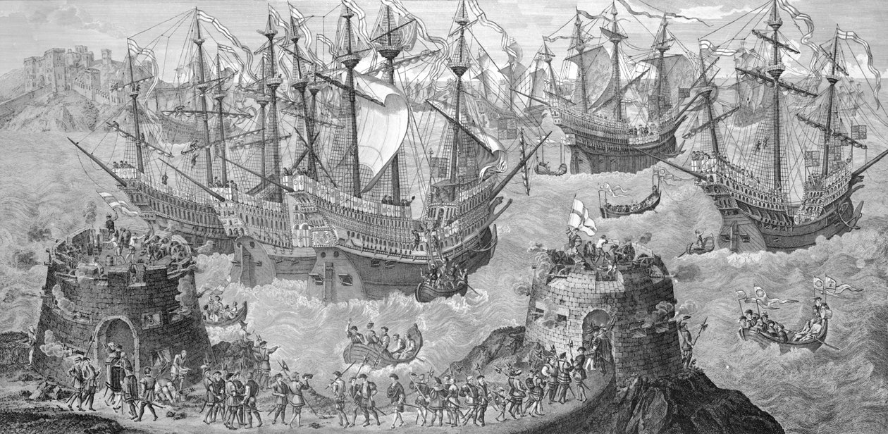 O embarque de Henrique VIII (1491-1547) em Dover, 31 de maio de 1520, preparatório para sua entrevista com o bar do rei francês Francisco I (1494-1547). em 1781, gravado por James Basire (foto bundw de Samuel Hieronymous Grimm