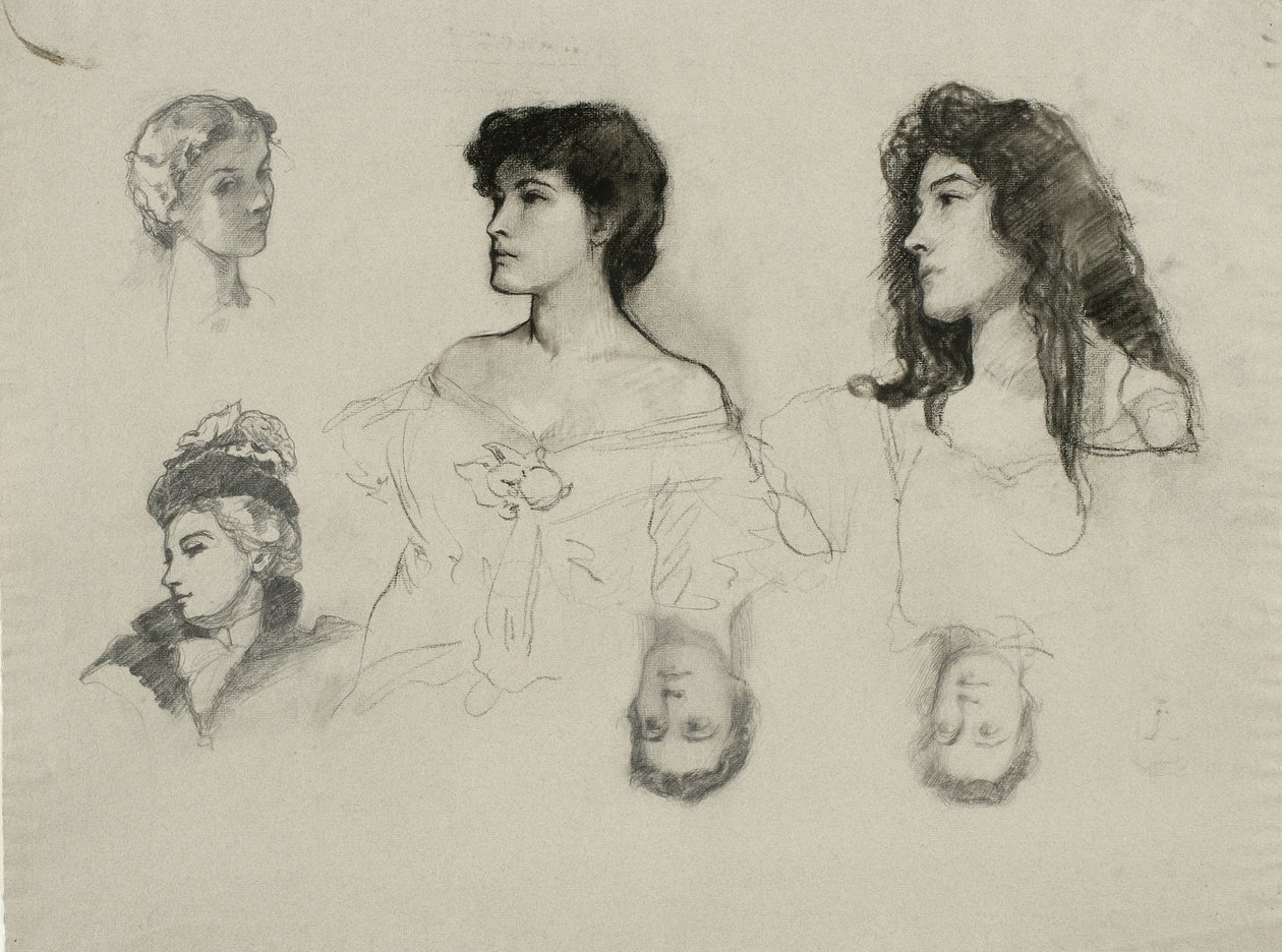 Esboços de seis cabeças femininas (lápis e giz sobre papel) de Samuel Isham