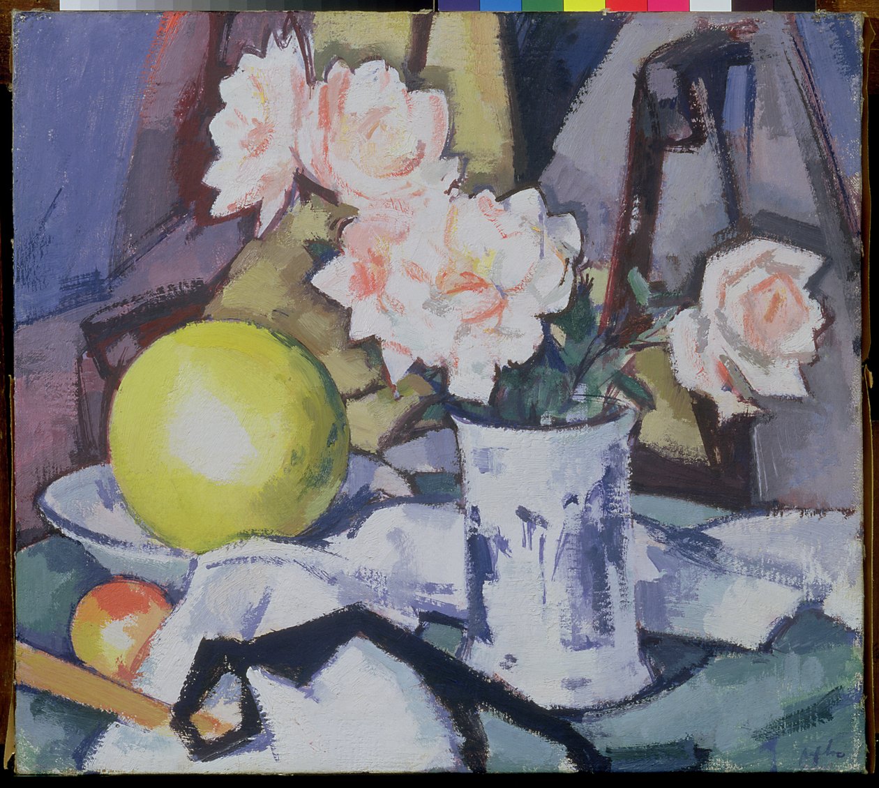 Vaso Azul e Branco, Rosas, Melão e Laranja de Samuel John Peploe